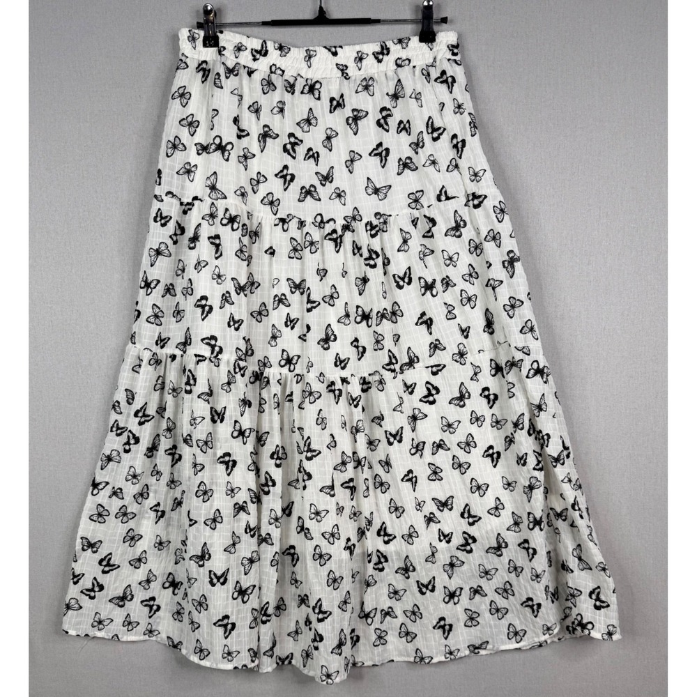 Ana Rose Butterfly Maxi Skirt‎ Womens Large White Tiered Boho Cottagecore